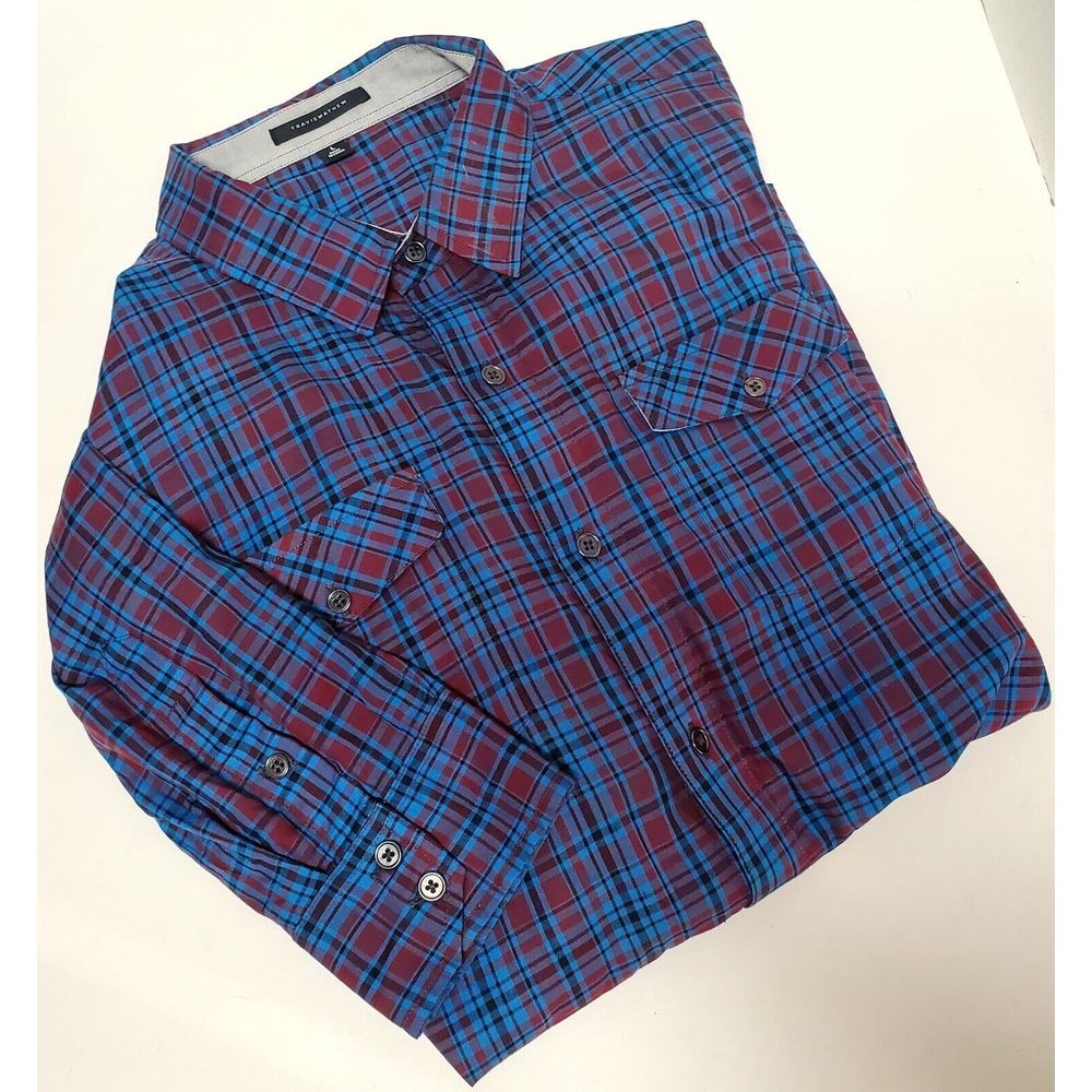 Travis Mathew Blue and Burgundy Plaid Casual Button-Down Shirt